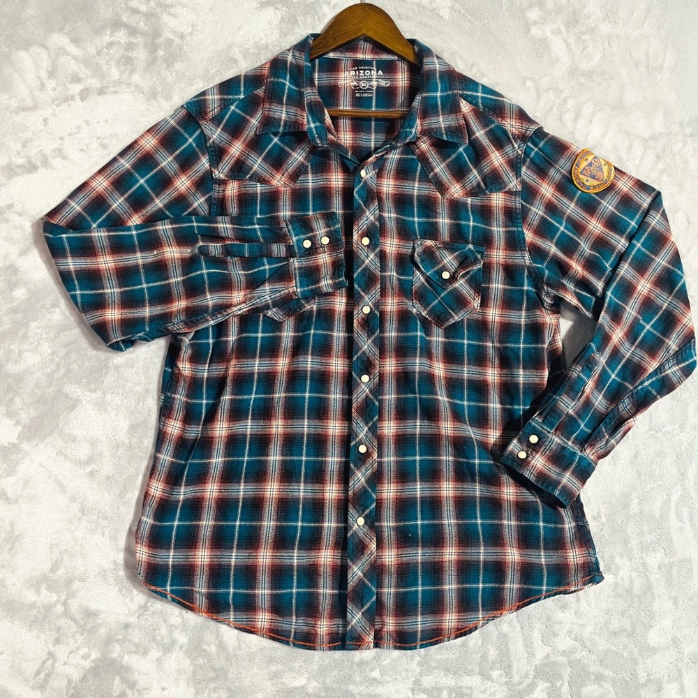 Arizona Jean Co Western Shirt Mens XL Pearl Snap Plaid Fast Car Club Patch